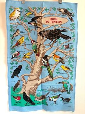 Vintage Birds in Britain Blue Cotton Tea Towel